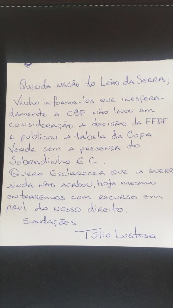 Carta foi divulgada pela diretoria do Sobradinho e enviada às redes sociais da Esportes Brasília - Foto: Reprodução/Sobradinho EC