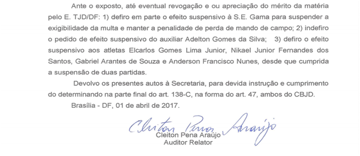 Despacho do auditor-relator Cleiton Pena Araújo - Foto: Reprodução/site FFDF